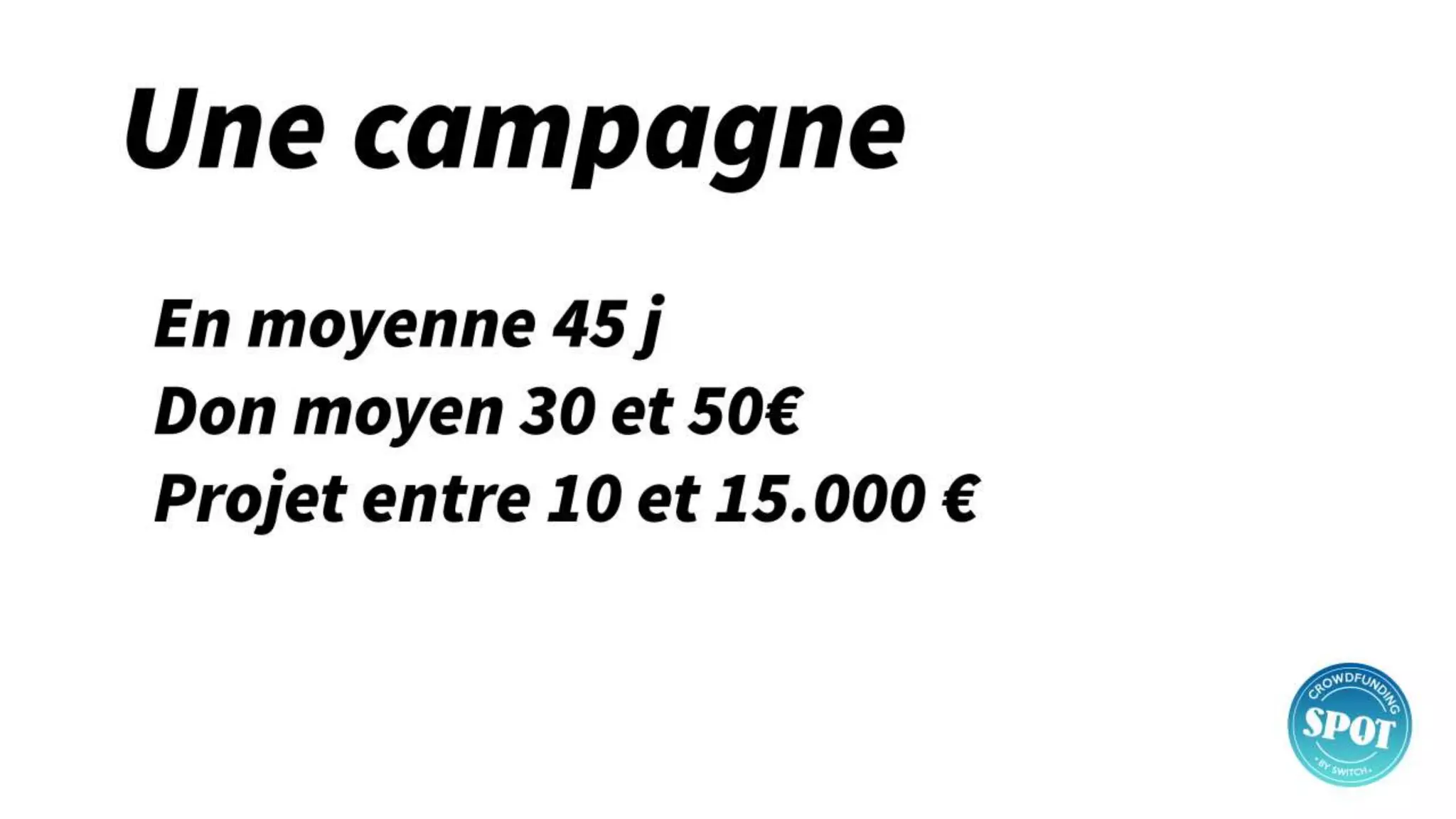 Une campagne
• En moyenne 45 j
• Don moyen 30 et 50€
• Projet entre 10 et 15.000 €
