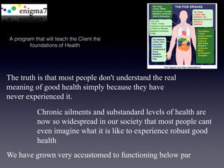 A program that will teach the Client the
        foundations of Health




The truth is that most people don't understand the real
meaning of good health simply because they have
never experienced it.
            Chronic ailments and substandard levels of health are
            now so widespread in our society that most people cant
            even imagine what it is like to experience robust good
            health
We have grown very accustomed to functioning below par
 