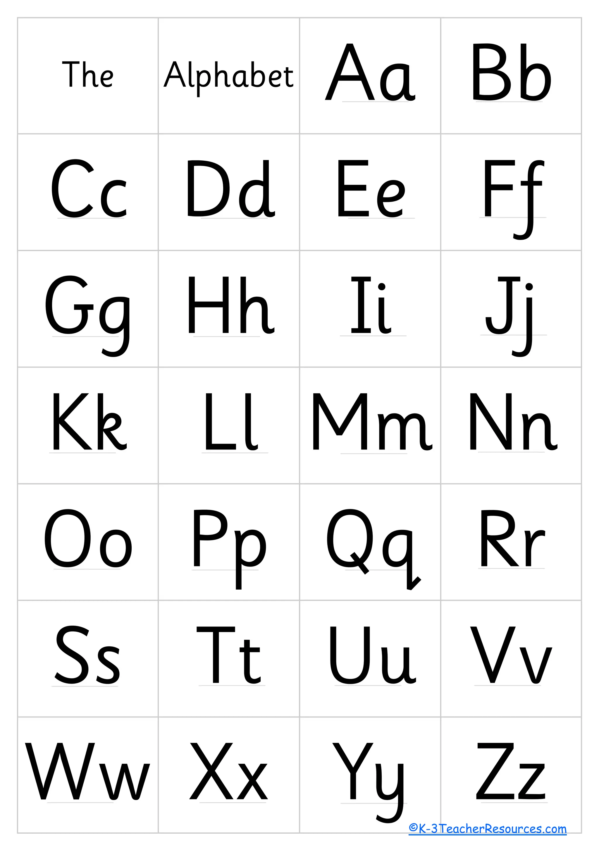 The Alphabet Aa Bb
Cc Dd Ee Ff
Gg Hh Ii Jj
Kk Ll Mm Nn
Oo Pp Qq Rr
Ss Tt Uu Vv
Ww Xx Yy Zz©K-3TeacherResources.com
