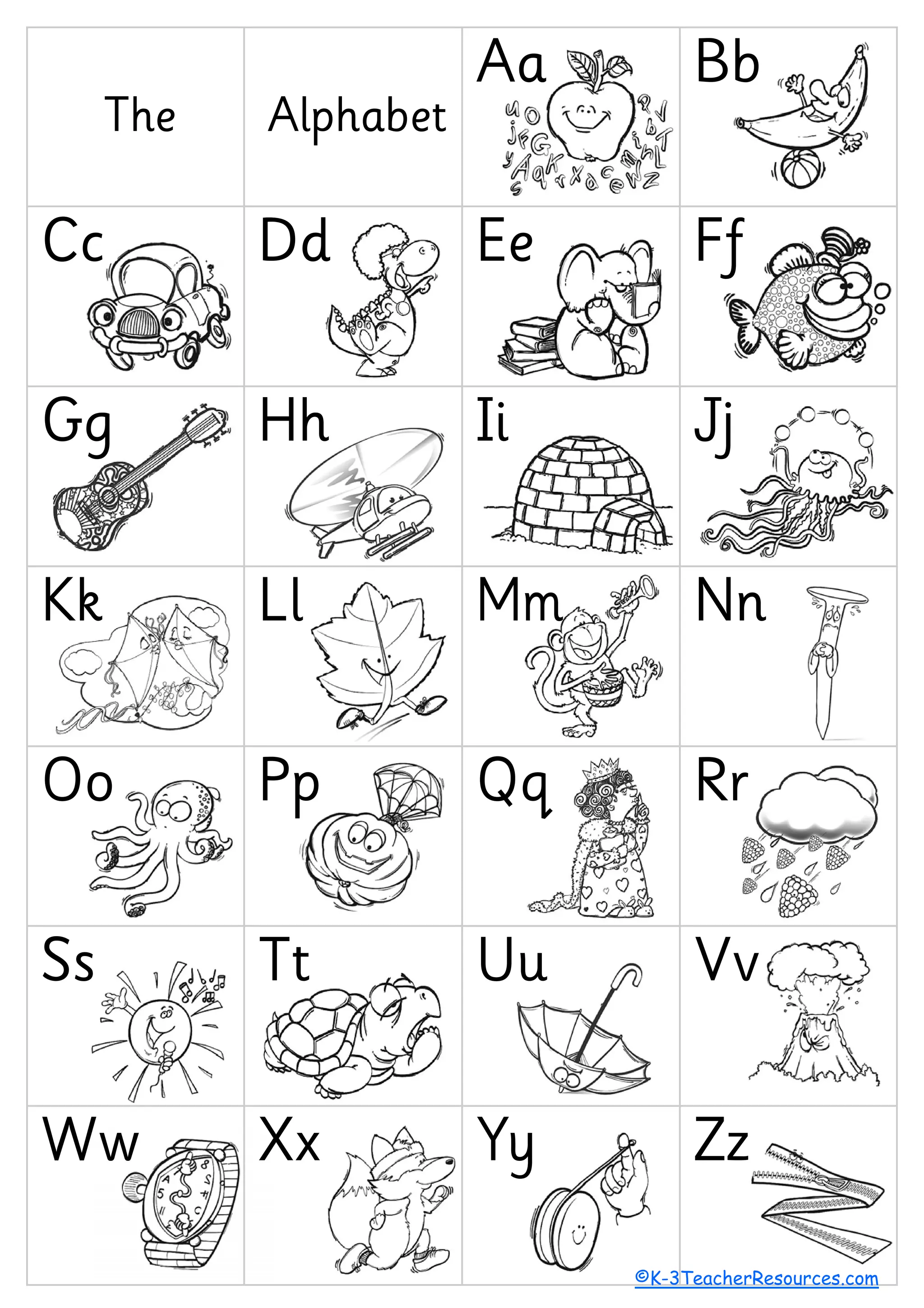 The Alphabet
Aa Bb
Cc Dd Ee Ff
Gg Hh Ii Jj
Kk Ll Mm Nn
Oo Pp Qq Rr
Ss Tt Uu Vv
Ww Xx Yy Zz
©K-3TeacherResources.com