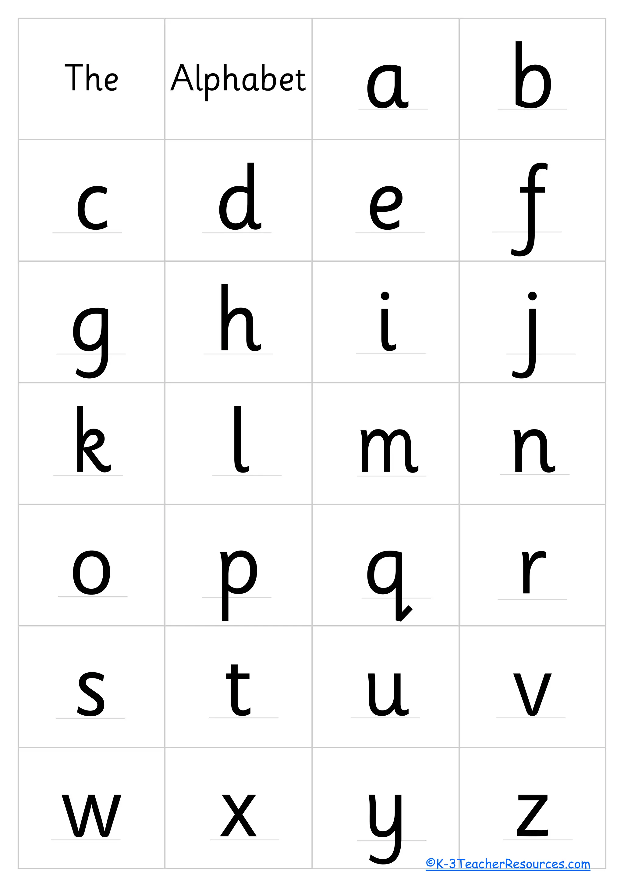 The Alphabet a b
c d e f
g h i j
k l m n
o p q r
s t u v
w x y z©K-3TeacherResources.com
