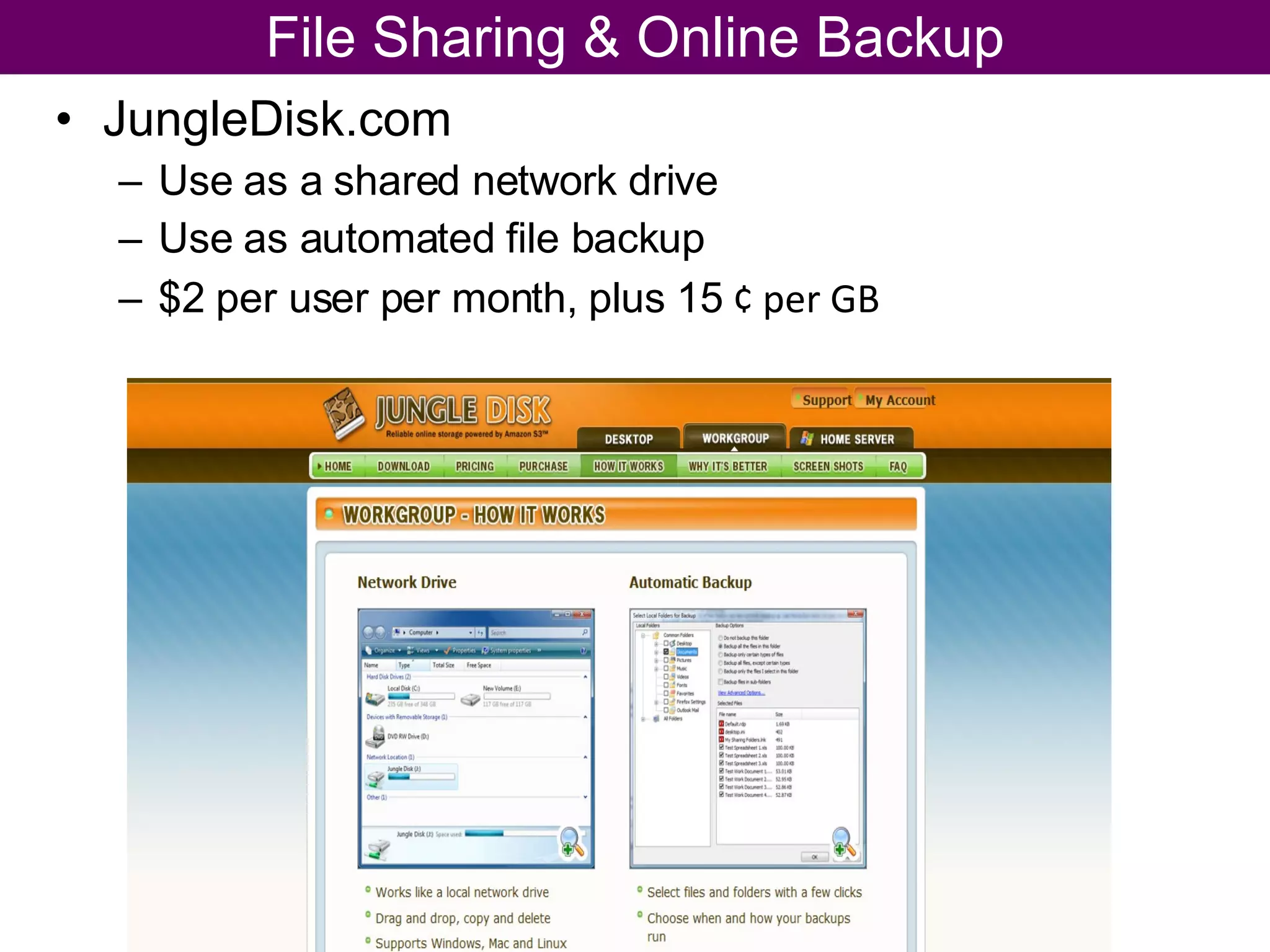 JungleDisk.com Use as a shared network drive Use as automated file backup $2 per user per month, plus 15  ¢ per GB File Sharing & Online Backup 