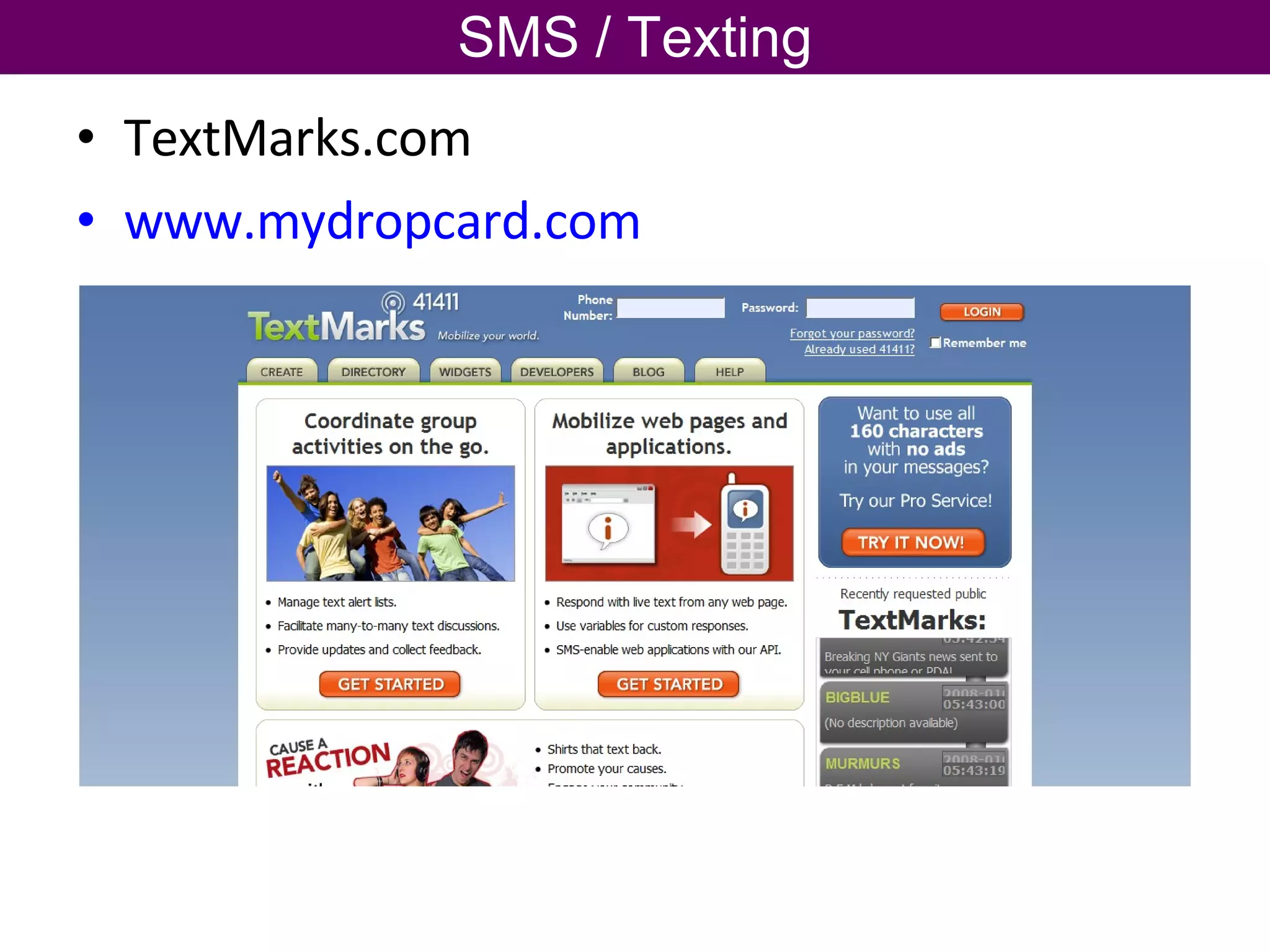SMS / Texting TextMarks.com www.mydropcard.com   