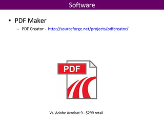 Software Vs. Adobe Acrobat 9 - $299 retail PDF Maker PDF Creator -  http://sourceforge.net/projects/pdfcreator/ 