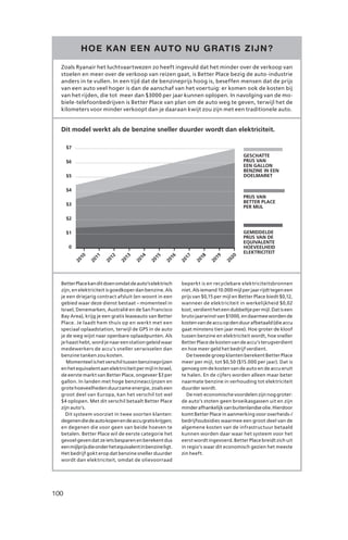 HOE K AN EEN AUTO NU GR ATIS ZIJN ?

  Zoals Ryanair het luchtvaartwezen zo heeft ingevuld dat het minder over de verkoop van
  stoelen en meer over de verkoop van reizen gaat, is Better Place bezig de auto-industrie
  anders in te vullen. In een tijd dat de benzineprijs hoog is, beseffen mensen dat de prijs
  van een auto veel hoger is dan de aanschaf van het voertuig: er komen ook de kosten bij
  van het rijden, die tot meer dan $3000 per jaar kunnen oplopen. In navolging van de mo-
  biele-telefoonbedrijven is Better Place van plan om de auto weg te geven, terwijl het de
  kilometers voor minder verkoopt dan je daaraan kwijt zou zijn met een traditionele auto.


  Dit model werkt als de benzine sneller duurder wordt dan elektriciteit.

      $7
                                                                                         GESCHATTE
      $6                                                                                 PRIJS VAN
                                                                                         EEN GALLON
                                                                                         BENZINE IN EEN
      $5                                                                                 DOELMARKT


      $4
                                                                                         PRIJS VAN
                                                                                         BETTER PLACE
      $3
                                                                                         PER MIJL

      $2

      $1                                                                                 GEMIDDELDE
                                                                                         PRIJS VAN DE
                                                                                         EQUIVALENTE
       0                                                                                 HOEVEELHEID
                                                                                         ELEKTRICITEIT
            10


                  11


                         12


                                13


                                        14


                                               15


                                                       16


                                                             17


                                                                    18


                                                                           19


                                                                                  20
           20


                 20


                       20


                              20


                                      20


                                             20


                                                     20


                                                            20


                                                                  20


                                                                         20


                                                                                20




  Better Place kan dit doen omdat de auto’s elektrisch      beperkt is en recyclebare elektriciteitsbronnen
  zijn, en elektriciteit is goedkoper dan benzine. Als      niet. Als iemand 10.000 mijl per jaar rijdt tegen een
  je een driejarig contract afsluit (en woont in een        prijs van $0,15 per mijl en Better Place biedt $0,12,
  gebied waar deze dienst bestaat – momenteel in            wanneer de elektriciteit in werkelijkheid $0,02
  Israel, Denemarken, Australië en de San Francisco         kost, verdient het een dubbeltje per mijl. Dat is een
  Bay Area), krijg je een gratis leaseauto van Better       bruto jaarwinst van $1000, en daarmee worden de
  Place. Je laadt hem thuis op en werkt met een             kosten van de accu op den duur afbetaald (die accu
  speciaal oplaadstation, terwijl de GPS in de auto         gaat minstens tien jaar mee). Hoe groter de kloof
  je de weg wijst naar openbare oplaadpunten. Als           tussen benzine en elektriciteit wordt, hoe sneller
  je haast hebt, word je naar een station geleid waar       Better Place de kosten van de accu’s terugverdient
  medewerkers de accu’s sneller verwisselen dan             en hoe meer geld het bedrijf verdient.
  benzine tanken zou kosten.                                  De tweede groep klanten berekent Better Place
     Momenteel is het verschil tussen benzineprijzen        meer per mijl, tot $0,50 ($15.000 per jaar). Dat is
  en het equivalent aan elektriciteit per mijl in Israel,   genoeg om de kosten van de auto en de accu eruit
  de eerste markt van Better Place, ongeveer $3 per         te halen. En de cijfers worden alleen maar beter
  gallon. In landen met hoge benzineaccijnzen en            naarmate benzine in verhouding tot elektriciteit
  grote hoeveelheden duurzame energie, zoals een            duurder wordt.
  groot deel van Europa, kan het verschil tot wel             De niet-economische voordelen zijn nog groter:
  $4 oplopen. Met dit verschil betaalt Better Place         de auto’s stoten geen broeikasgassen uit en zijn
  zijn auto’s.                                              minder afhankelijk van buitenlandse olie. Hierdoor
    Dit systeem voorziet in twee soorten klanten:           komt Better Place in aanmerking voor overheids-/
  degenen die de auto kopen en de accu gratis krijgen;      bedrijfssubsidies waarmee een groot deel van de
  en degenen die voor geen van beide hoeven te              algemene kosten van de infrastructuur betaald
  betalen. Better Place wil de eerste categorie het         kunnen worden daar waar het systeem voor het
  gevoel geven dat ze iets besparen en berekent dus         eerst wordt ingevoerd. Better Place breidt zich uit
  een mijlprijs die onder het equivalent in benzine ligt.   in regio’s waar dit economisch gezien het meeste
  Het bedrijf gokt erop dat benzine sneller duurder         zin heeft.
  wordt dan elektriciteit, omdat de olievoorraad




100
 