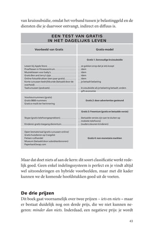 van kruissubsidie, omdat het verband tussen je belastinggeld en de
diensten die je daarvoor ontvangt, indirect en diffuus is.

                           EEN TEST VAN GR ATIS
                         IN HE T DAGELIJKS LE VEN

            Voorbeeld van Gratis                                  Gratis-model


                                                        Gratis 1. Eenvoudige kruissubsidie

  Lessen bij Apple Store                           ze gokken erop dat je iets koopt
  Proeflessen in fitnesscentrum                    idem
  Muzieklessen voor baby’s                         idem
  Gratis Ben and Jerry’s ijsje                     idem
  Online fotoafdrukken (een paar gratis)           idem
  Korte cursussen bedrijfskunde (betaald door de   je betaalt belasting
  overheid)
  Taalcursussen (podcasts)                         kruissubsidie als je belasting betaalt; anders
                                                   gift-economie

  Voorkeurnummers (gratis)
  Gratis 0800-nummers                                  Gratis 2: door advertenties gesteund
  Gratis e-mails ter herinnering


                                                   Gratis 3: Freemium (gratis en betaalde versie)

  Skype (gratis telefoongesprekken)                (betaalde versies zijn aan te sluiten op
                                                   mobiele telefoons)
  Kinderen gratis toegang dierentuin               (ouders steunen kinderen)


  Open lesmateriaal (gratis cursussen online)
  Gratis huisdieren op Craigslist
  Fietsen ruilhandel                                     Gratis 4: non-monetaire markten
  Museum (betaald door subsidies/donoren)
  PaperbackSwap.com




Maar dat doet niets af aan de kern: dit soort classificatie werkt rede-
lijk goed. Geen enkel indelingssysteem is perfect en je vindt altijd
wel uitzonderingen en hybride voorbeelden, maar met dit kader
kunnen we de komende hoofdstukken goed uit de voeten.


De drie prijzen
Dit boek gaat voornamelijk over twee prijzen – iets en niets – maar
er bestaat duidelijk nog een derde prijs, die we niet kunnen ne-
geren: minder dan niets. Inderdaad, een negatieve prijs: je wordt

                                                                                                    43
 