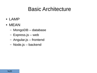 Basic Architecture
● LAMP
● MEAN
– MongoDB – database
– Express.js – web
– Angular.js – frontend
– Node.js – backend
%20
 