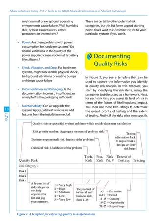 Advanced	
 Software	
 Testing	
 -	
 Vol.	
 2:	
 Guide	
 to	
 the	
 ISTQB	
 Advanced	
 Certiﬁcation	
 as	
 an	
 Advanced	
 Test	
 Manager
18
PAGE
might normal or exceptional operating
environments cause failures? Will humidity,
dust, or heat cause failures, either
permanent or intermittent?
Are there problems with power
consumption for hardware systems? Do
normal variations in the quality of the
power supplied cause problems? Is battery
life sufficient?
For hardware
systems, might foreseeable physical shocks,
background vibrations, or routine bumps
and drops cause failure
Is the
documentation incorrect, insufficient, or
unhelpful? Is the packaging sufficient?
Can we upgrade the
system? Apply patches? Remove or add
features from the installation media?
There are certainly other potential risk
categories, but this list forms a good starting
point. You’ll want to customize this list to your
particular systems if you use it.
Documenting
Quality Risks
In Figure 2, you see a template that can be
used to capture the information you identify
in quality risk analysis. In this template, you
start by identifying the risk items, using the
categories just discussed as a framework. Next,
for each risk item, you assess its level of risk in
terms of the factors of likelihood and impact.
You then use these two ratings to determine
the overall priority of testing and the extent
of testing. Finally, if the risks arise from specific
Figure 2: A template for capturing quality risk information
 