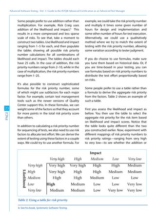 Advanced	
 Software	
 Testing	
 -	
 Vol.	
 2:	
 Guide	
 to	
 the	
 ISTQB	
 Advanced	
 Certiﬁcation	
 as	
 an	
 Advanced	
 Test	
 Manager
23
PAGE
Some people prefer to use addition rather than
multiplication. For example, Rick Craig uses
addition of the likelihood and impact.6
This
results in a more compressed and less sparse
scale of risks. To see that, take a moment to
construct two tables. Use likelihood and impact
ranging from 1–5 for each, and then populate
the tables showing all possible risk priority
number calculations for all combinations of
likelihood and impact. The tables should each
have 25 cells. In the case of addition, the risk
priority numbers range from 2–10, while in the
case of multiplication, the risk priority numbers
range from 1–25.
It’s also possible to construct sophisticated
formulas for the risk priority number, some
of which might use subfactors for each major
factor. For example, certain test management
tools such as the newer versions of Quality
Center support this. In these formulas, we can
weight some of the factors so that they account
for more points in the total risk priority score
than others.
In addition to calculating a risk priority number
for sequencing of tests, we also need to use risk
factors to allocate test effort. We can derive the
extent of testing using these factors in a couple
ways. We could try to use another formula. For
example, we could take the risk priority number
and multiply it times some given number of
hours for design and implementation and
some other number of hours for test execution.
Alternatively, we could use a qualitatively
method where we try to match the extent of
testing with the risk priority number, allowing
some variation according to tester judgment.
If you do choose to use formulas, make sure
you tune them based on historical data. Or, if
you are time-boxed in your testing, you can
use formulas based on risk priority numbers to
distribute the test effort proportionally based
on risks.
Some people prefer to use a table rather than
a formula to derive the aggregate risk priority
from the factors. Table 2 shows an example of
such a table.
First you assess the likelihood and impact as
before. You then use the table to select the
aggregate risk priority for the risk item based
on likelihood and impact scores. Notice that
the table looks quite different than the two
you constructed earlier. Now, experiment with
different mappings of risk priority numbers to
risk priority ratings—ranging from very high
to very low—to see whether the addition or
6: See his book, Systematic Software Testing.
Table 2: Using a table for risk priority
 