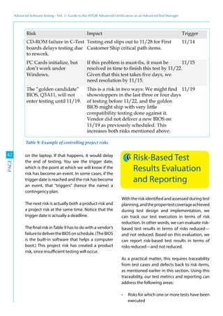 Advanced	
 Software	
 Testing	
 -	
 Vol.	
 2:	
 Guide	
 to	
 the	
 ISTQB	
 Advanced	
 Certiﬁcation	
 as	
 an	
 Advanced	
 Test	
 Manager
42
PAGE
on the laptop. If that happens, it would delay
the end of testing. You see the trigger date,
which is the point at which we will know if the
risk has become an event. In some cases, if the
trigger date is reached and the risk has become
an event, that “triggers” (hence the name) a
contingency plan.
The next risk is actually both a product risk and
a project risk at the same time. Notice that the
trigger date is actually a deadline.
The final risk inTable 9 has to do with a vendor’s
failuretodelivertheBIOSonschedule.(TheBIOS
is the built-in software that helps a computer
boot.) This project risk has created a product
risk, since insufficient testing will occur.
Risk-Based Test
Results Evaluation
and Reporting
With the risk identified and assessed during test
planning,andthepropertestcoverageachieved
during test design and implementation, we
can track our test execution in terms of risk
reduction. In other words, we can evaluate risk-
based test results in terms of risks reduced—
and not reduced. Based on this evaluation, we
can report risk-based test results in terms of
risks reduced—and not reduced.
As a practical matter, this requires traceability
from test cases and defects back to risk items,
as mentioned earlier in this section. Using this
traceability, our test metrics and reporting can
address the following areas:
Risks for which one or more tests have been
executed
Table 9: Example of controlling project risks
 