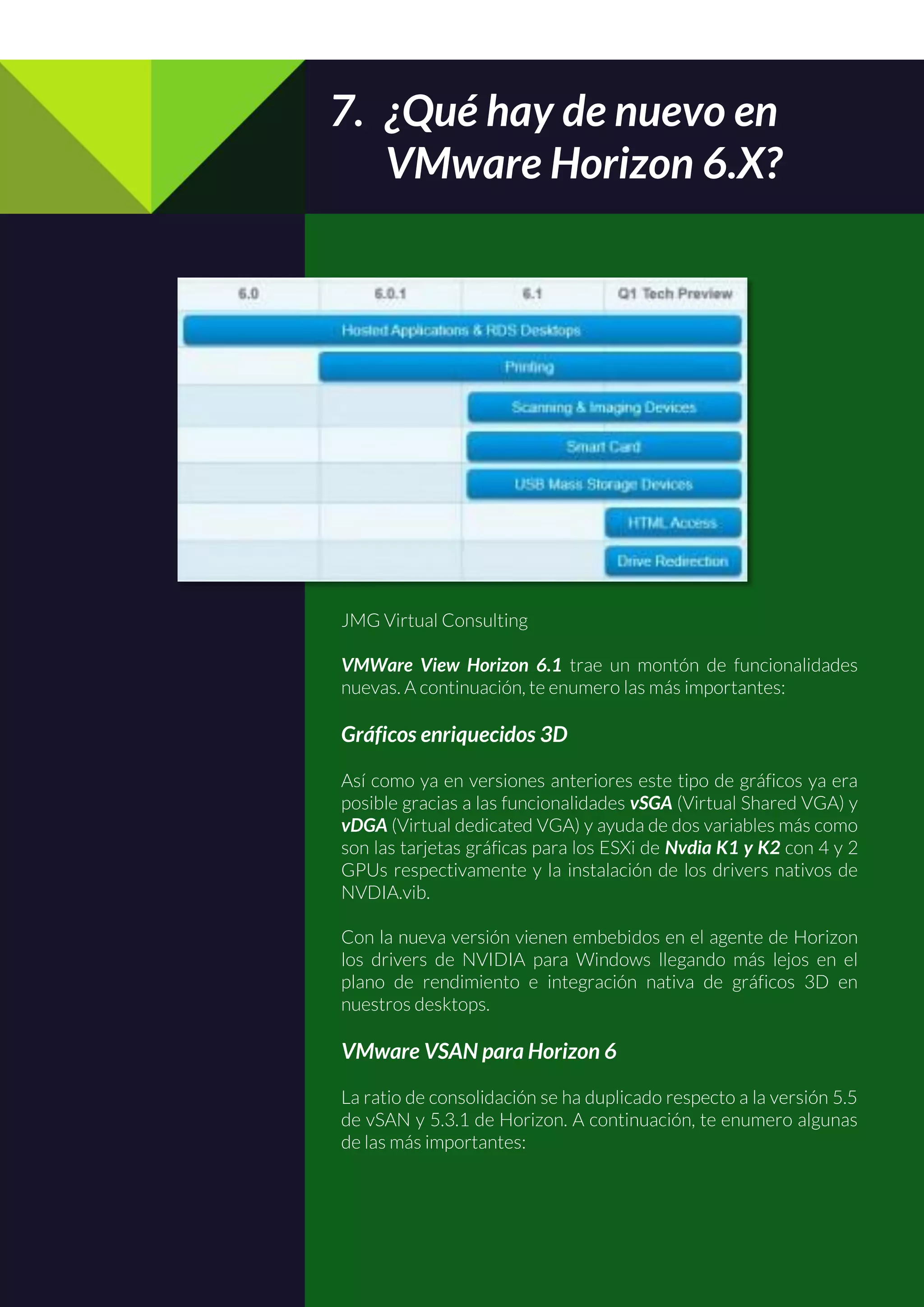 7. ¿Qué hay de nuevo en
VMware Horizon 6.X?
JMG Virtual Consulting
VMWare View Horizon 6.1 trae un montón de funcionalidades
nuevas. A continuación, te enumero las más importantes:
Gráficos enriquecidos 3D
Así como ya en versiones anteriores este tipo de gráficos ya era
posible gracias a las funcionalidades vSGA (Virtual Shared VGA) y
vDGA (Virtual dedicated VGA) y ayuda de dos variables más como
son las tarjetas gráficas para los ESXi de Nvdia K1 y K2 con 4 y 2
GPUs respectivamente y la instalación de los drivers nativos de
NVDIA.vib.
Con la nueva versión vienen embebidos en el agente de Horizon
los drivers de NVIDIA para Windows llegando más lejos en el
plano de rendimiento e integración nativa de gráficos 3D en
nuestros desktops.
VMware VSAN para Horizon 6
La ratio de consolidación se ha duplicado respecto a la versión 5.5
de vSAN y 5.3.1 de Horizon. A continuación, te enumero algunas
de las más importantes:
 
