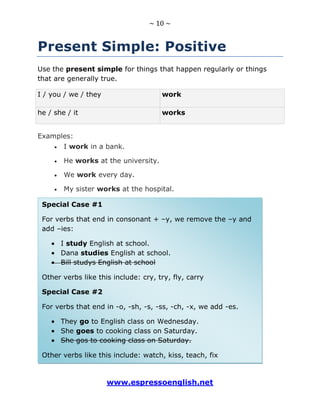 ~ 10 ~
www.espressoenglish.net
Present Simple: Positive
Use the present simple for things that happen regularly or things
that are generally true.
I / you / we / they work
he / she / it works
Examples:
I work in a bank.
He works at the university.
We work every day.
My sister works at the hospital.
Special Case #1
For verbs that end in consonant + –y, we remove the –y and
add –ies:
I study English at school.
Dana studies English at school.
Bill studys English at school
Other verbs like this include: cry, try, fly, carry
Special Case #2
For verbs that end in -o, -sh, -s, -ss, -ch, -x, we add -es.
They go to English class on Wednesday.
She goes to cooking class on Saturday.
She gos to cooking class on Saturday.
Other verbs like this include: watch, kiss, teach, fix
 