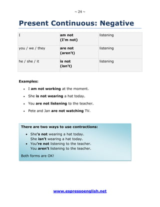 ~ 24 ~
www.espressoenglish.net
Present Continuous: Negative
I am not
(I’m not)
listening
you / we / they are not
(aren’t)
listening
he / she / it is not
(isn’t)
listening
Examples:
I am not working at the moment.
She is not wearing a hat today.
You are not listening to the teacher.
Pete and Jan are not watching TV.
There are two ways to use contractions:
She’s not wearing a hat today.
She isn’t wearing a hat today.
You’re not listening to the teacher.
You aren’t listening to the teacher.
Both forms are OK!
 