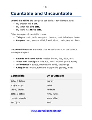 ~ 27 ~
www.espressoenglish.net
Countable and Uncountable
Countable nouns are things we can count – for example, cats:
My brother has a cat.
My sister has two cats.
My friend has three cats.
Other examples of countable nouns:
Things - book, table, computer, banana, shirt, television, house.
People - man, woman, child, friend, sister, uncle, teacher, boss.
Uncountable nouns are words that we can’t count, or can’t divide
into separate parts:
Liquids and some foods - water, butter, rice, flour, milk
Ideas and concepts - love, fun, work, money, peace, safety
Information - advice, information, news, knowledge
Categories - music, furniture, equipment, jewelry, meat
Countable Uncountable
dollar / dollars
song / songs
table / tables
bottle / bottles
report / reports
job / jobs
money
music
furniture
wine, water
information
work
 