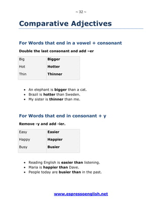 ~ 32 ~
www.espressoenglish.net
Comparative Adjectives
For Words that end in a vowel + consonant
Double the last consonant and add –er
Big
Hot
Thin
Bigger
Hotter
Thinner
An elephant is bigger than a cat.
Brazil is hotter than Sweden.
My sister is thinner than me.
For Words that end in consonant + y
Remove -y and add -ier.
Easy
Happy
Busy
Easier
Happier
Busier
Reading English is easier than listening.
Maria is happier than Dave.
People today are busier than in the past.
 