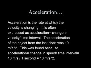 Acceleration… Acceleration is the rate at which the velocity is changing.  It is often expressed as acceleration= change in velocity/ time interval.  The acceleration of the object from the last chart was 10 m/s^2.  This was found because acceleration= change in speed/ time interval= 10 m/s / 1 second = 10 m/s^2. 