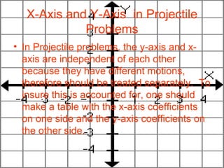 X-Axis and Y-Axis  in Projectile Problems In Projectile problems, the y-axis and x-axis are independent of each other because they have different motions, therefore should be treated separately.  To insure this is accounted for, one should make a table with the x-axis coefficients on one side and the y-axis coefficients on the other side.  
