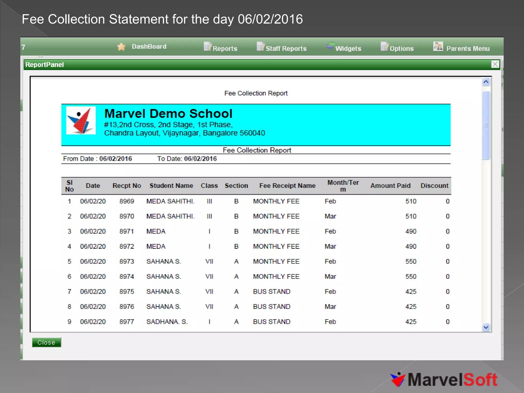 Fee Collection Statement for the day 06/02/2016
 
