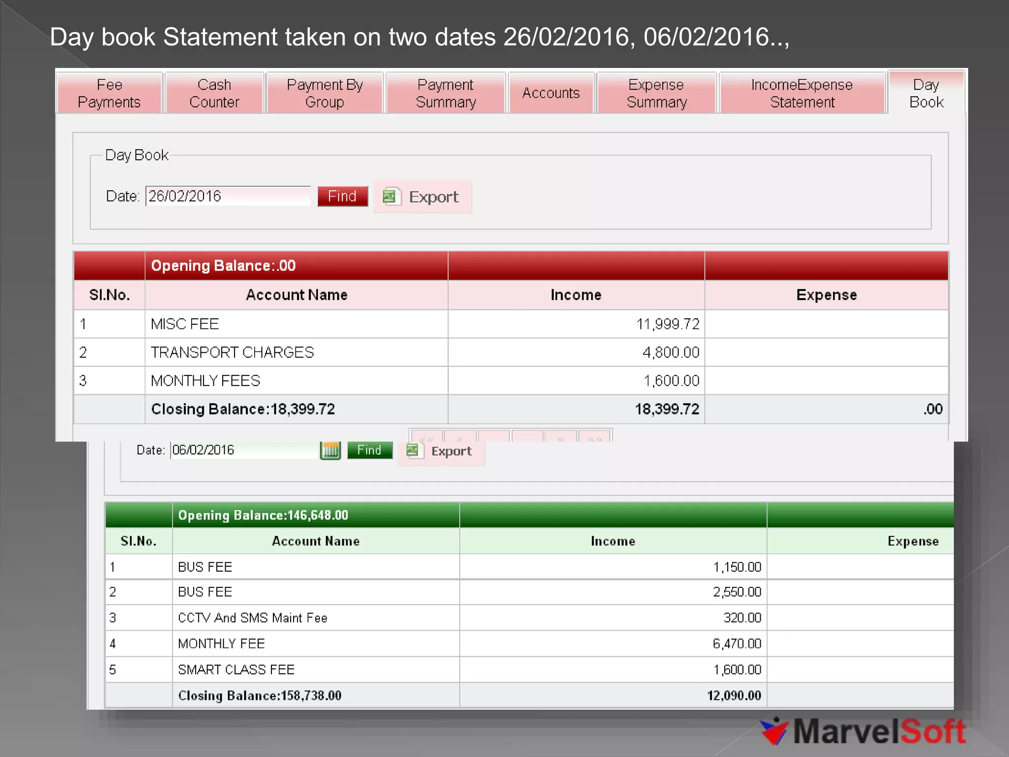 Day book Statement taken on two dates 26/02/2016, 06/02/2016..,
 