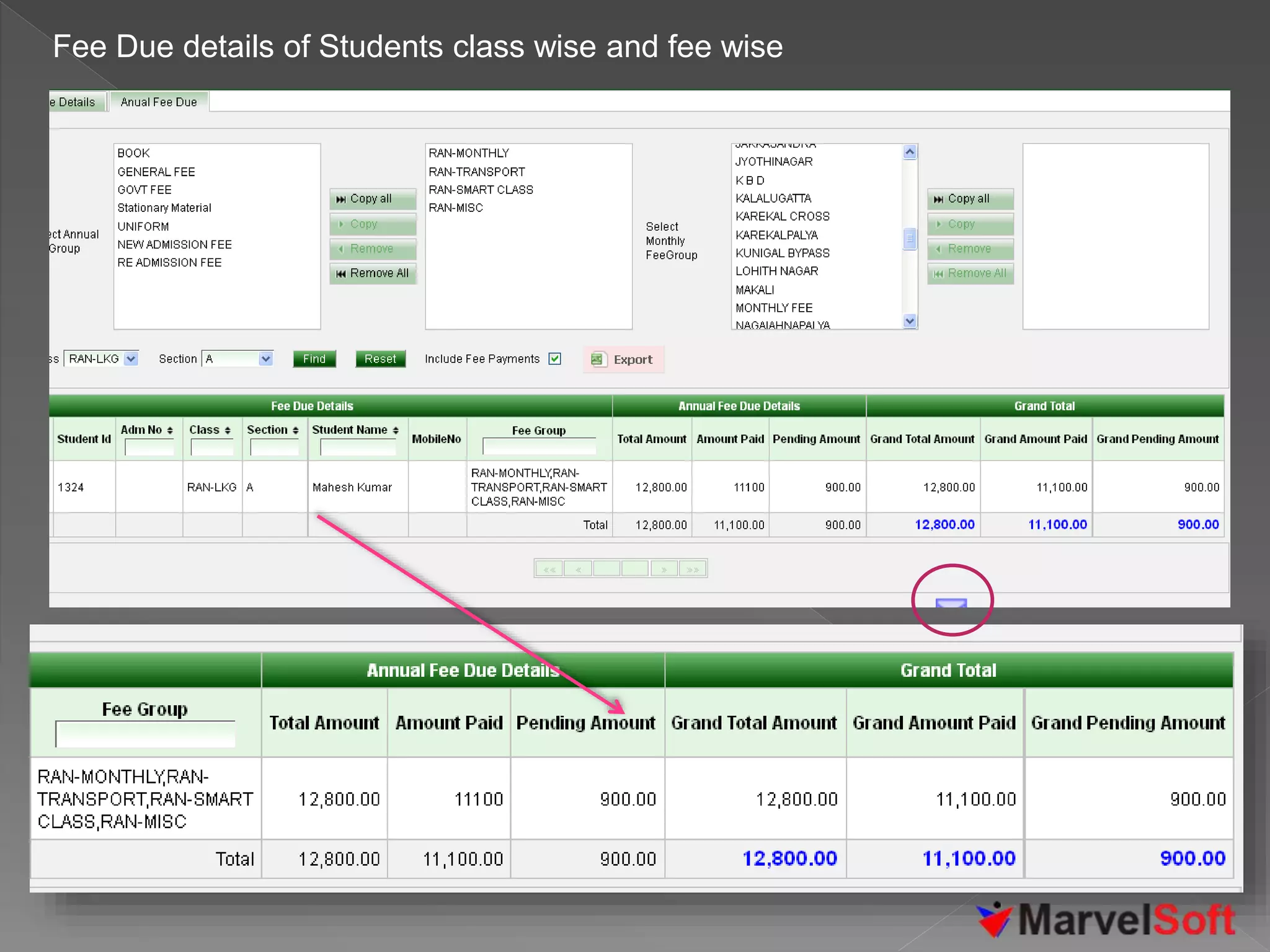 Fee Due details of Students class wise and fee wise
 