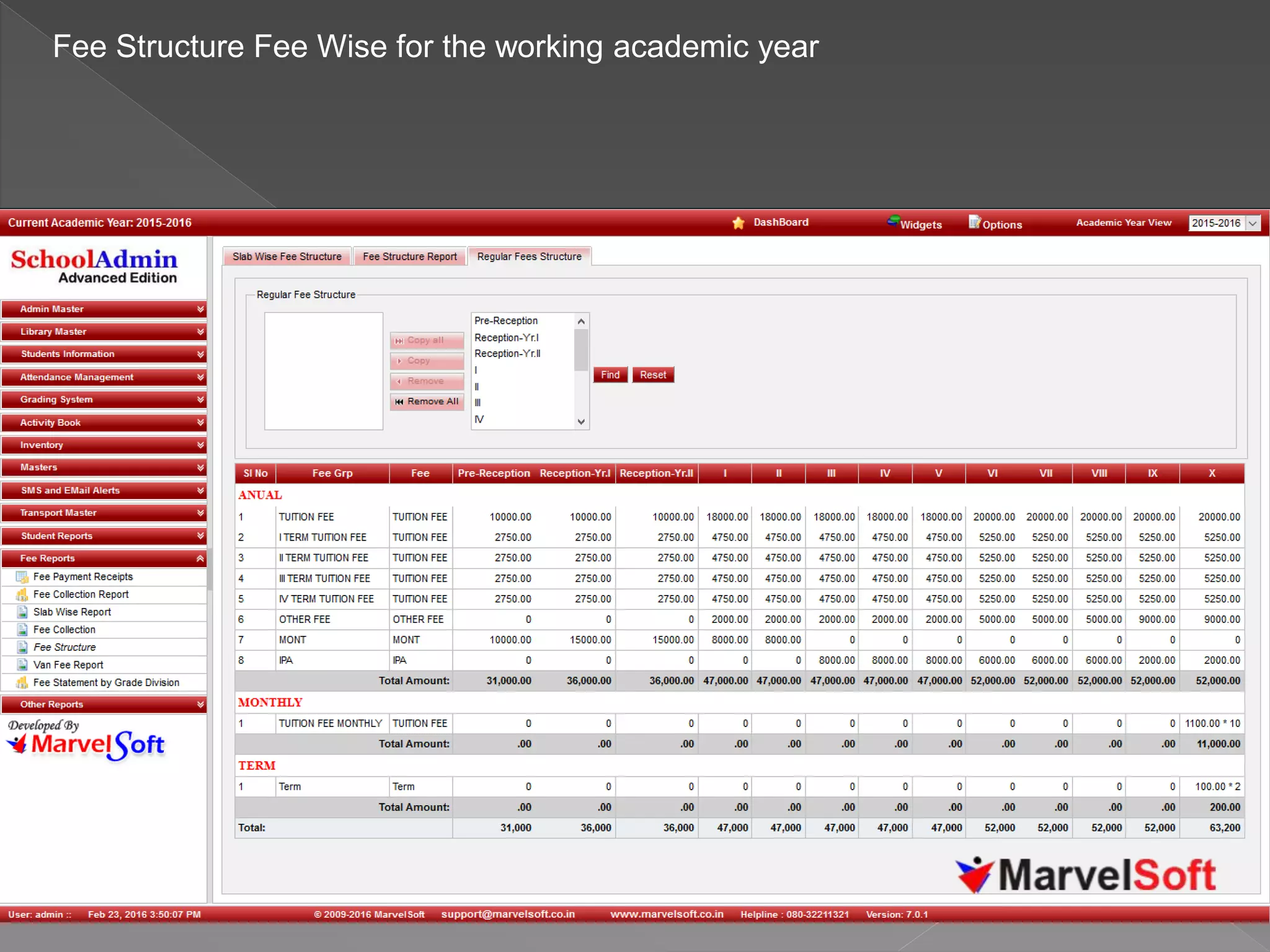 Fee Structure Fee Wise for the working academic year
 
