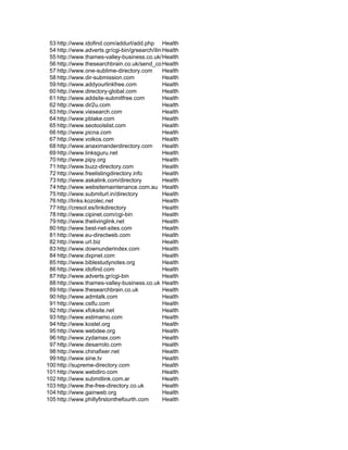 53 http://www.idofind.com/addurl/add.php Health
 54 http://www.adverts.gr/cgi-bin/grsearch/ilink.cgi
                                               Health
 55 http://www.thames-valley-business.co.uk/add_confirm.htm
                                               Health
 56 http://www.thesearchbrain.co.uk/send_confirm.asp
                                               Health
 57 http://www.one-sublime-directory.com       Health
 58 http://www.dir-submission.com              Health
 59 http://www.addyourlinkfree.com             Health
 60 http://www.directory-global.com            Health
 61 http://www.addsite-submitfree.com          Health
 62 http://www.dir2u.com                       Health
 63 http://www.viesearch.com                   Health
 64 http://www.pblake.com                      Health
 65 http://www.seotoolslist.com                Health
 66 http://www.picna.com                       Health
 67 http://www.voikos.com                      Health
 68 http://www.anaximanderdirectory.com        Health
 69 http://www.linksguru.net                   Health
 70 http://www.pipy.org                        Health
 71 http://www.buzz-directory.com              Health
 72 http://www.freelistingdirectory.info       Health
 73 http://www.askalink.com/directory          Health
 74 http://www.websitemaintenance.com.au Health
 75 http://www.submiturl.in/directory          Health
 76 http://links.kozolec.net                   Health
 77 http://cresol.es/linkdirectory             Health
 78 http://www.cipinet.com/cgi-bin             Health
 79 http://www.thelivinglink.net               Health
 80 http://www.best-net-sites.com              Health
 81 http://www.eu-directweb.com                Health
 82 http://www.url.biz                         Health
 83 http://www.downunderindex.com              Health
 84 http://www.dxpnet.com                      Health
 85 http://www.biblestudynotes.org             Health
 86 http://www.idofind.com                     Health
 87 http://www.adverts.gr/cgi-bin              Health
 88 http://www.thames-valley-business.co.uk Health
 89 http://www.thesearchbrain.co.uk            Health
 90 http://www.admtalk.com                     Health
 91 http://www.cstfu.com                       Health
 92 http://www.xfoksite.net                    Health
 93 http://www.estimamo.com                    Health
 94 http://www.kostel.org                      Health
 95 http://www.webdee.org                      Health
 96 http://www.zydamax.com                     Health
 97 http://www.desarrolo.com                   Health
 98 http://www.chinafixer.net                  Health
 99 http://www.sine.tv                         Health
100 http://supreme-directory.com               Health
101 http://www.webdiro.com                     Health
102 http://www.submitlink.com.ar               Health
103 http://www.the-free-directory.co.uk        Health
104 http://www.gainweb.org                     Health
105 http://www.phillyfirstonthefourth.com      Health
 