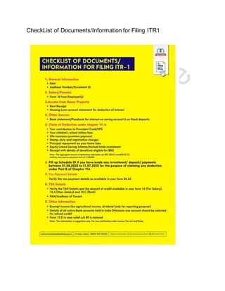 CheckList of Documents/Information for Filing ITR1
 