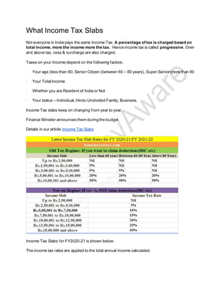 What Income Tax Slabs
Not everyone in India pays the same Income Tax. A percentage of tax is charged based on
total income, more the income more the tax. Hence income tax is called progressive. Over
and above tax, cess & surcharge are also charged.
Taxes on your Income depend on the following factors.
· Your age (less than 60, Senior Citizen (between 60 – 80 years), Super-Senior(more than 80
· Your Total Income
· Whether you are Resident of India or Not
· Your status – Individual, Hindu Undivided Family, Business.
Income Tax slabs keep on changing from year to year.
Finance Minister announces them during the budget.
Details in our article Income Tax Slabs
Income Tax Slabs for FY2020-21 is shown below.
The income tax rates are applied to the total annual income calculated.
 