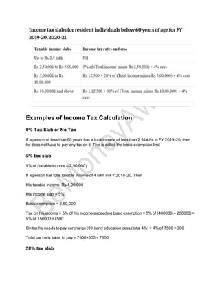 Examples of Income Tax Calculation
0% Tax Slab or No Tax
If a person of less than 60 years has a total income of less than 2.5 lakhs in FY 2019-20, then
he does not have to pay any tax on it. This is called the basic exemption limit
5% tax slab
5% of (taxable income – 2,50,000)
If a person has total taxable income of 4 lakh in FY 2019-20. Then
His taxable income: Rs 4,00,000
His income slab = 5%
Basic exemption = 2,50,000
Tax on his income = 5% of his income exceeding basic exemption = 5% of (400000 – 250000) =
5% of 150000 =7500.
On tax he needs to pay surcharge (0%) and education cess (total 4%) = 4% of 7500 = 300
Total tax he is liable to pay = 7500+300 = 7800
20% tax slab
 