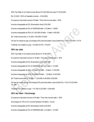 20% Tax Slab is for total income Above ₹ 5,00,000 and upto ₹ 10,00,000.
Rs 12,500 + 20% of (taxable income – 5,00,000)
If a person has total income of 8 lakh. Then His income slab = 20%
Income chargeable at 0% (Exemption limit) 2,50,000
Income chargeable at 5% of 250000(5 lakh -2.5 lakh) = 12500
Income chargeable at 20% of 3,00,000 (8 lakh – 5 lakh) =60,000
So Total Income tax is 12,500 + 60,000=72,500
On tax he needs to pay surcharge (0%) and education cess (total 4%) = 3% of 72,500 = 2175
Total tax he is liable to pay = 72,500+2175 = 74,675
30% tax slab
30% Tax Slab is for total income Above ₹ 10,00,000.
If a person has total income of 18 lakh. Then His income slab = 30%
Income chargeable at 0% (Exemption limit) 2,50,000
Income chargeable at 5% of 250000(5 lakh -2.5 lakh) = 12,500
Income chargeable at 20% of 5 lakh(10 lakh – 5 lakh) =1,00,000
Income chargeable at 30% of 8 lakh(18 lakh – 10 lakh) =2,40,000
So Total Income tax is 12,500 + 1,00,000+2,40,000=3,52,500
On tax he needs to pay surcharge (0%) and education cess (total 4%) = 4% of 3,52,500=
14,100
Total tax he is liable to pay = 14,100+3,52,500 = 3,66,600
30% tax slab + Surcharge
If a person has total income of 54 lakh. Then His income slab = 30%
Surcharge at 10% is for income between 50 lakhs- 1crore
Income chargeable at 0% (Exemption limit) 2,50,000
Income chargeable at 5% of 250000(5 lakh -2.5 lakh) = 12,500
 