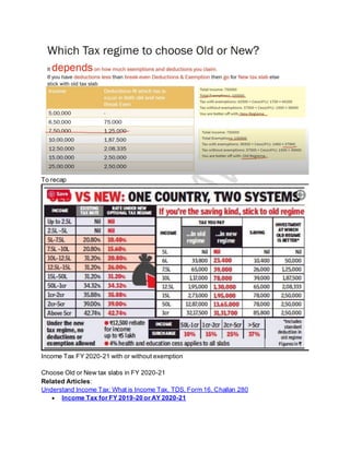 To recap
Income Tax FY 2020-21 with or without exemption
Choose Old or New tax slabs in FY 2020-21
Related Articles:
Understand Income Tax: What is Income Tax, TDS, Form 16, Challan 280
• Income Tax for FY 2019-20 or AY 2020-21
 