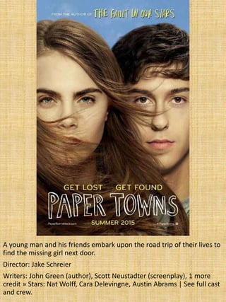 A young man and his friends embark upon the road trip of their lives to
find the missing girl next door.
Director: Jake Schreier
Writers: John Green (author), Scott Neustadter (screenplay), 1 more
credit » Stars: Nat Wolff, Cara Delevingne, Austin Abrams | See full cast
and crew.
 