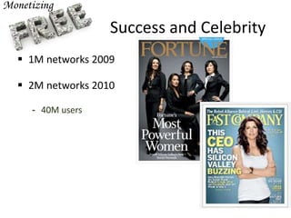 Success and Celebrity
 1M networks 2009
 2M networks 2010
- 40M users
 