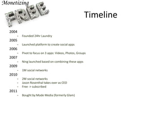 Timeline
2004
- Founded 24hr Laundry
2005
- Launched platform to create social apps
2006
- Pivot to focus on 3 apps: Videos, Photos, Groups
2007
- Ning launched based on combining these apps
2009
- 1M social networks
2010
- 2M social networks
- Jason Rosenthal takes over as CEO
- Free -> subscribed
2011
- Bought by Mode Media (formerly Glam)
 