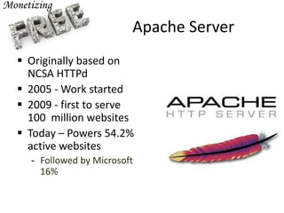 Apache Server
 Originally based on
NCSA HTTPd
 2005 - Work started
 2009 - first to serve
100 million websites
 Today – Powers 54.2%
active websites
- Followed by Microsoft
16%
 
