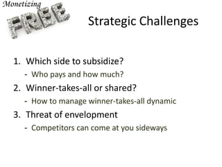 Strategic Challenges
1. Which side to subsidize?
- Who pays and how much?
2. Winner-takes-all or shared?
- How to manage winner-takes-all dynamic
3. Threat of envelopment
- Competitors can come at you sideways
 