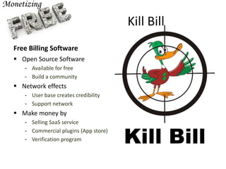 Kill Bill
Free Billing Software
 Open Source Software
- Available for free
- Build a community
 Network effects
- User base creates credibility
- Support network
 Make money by
- Selling SaaS service
- Commercial plugins (App store)
- Verification program Kill Bill
 