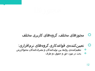 12
‫مجوزها‬‫مجوزها‬
‫مختلف‬ ‫کاربری‬ ‫ههای‬‌ ‫گرو‬ ،‫مختلف‬ ‫مجوزهای‬
:‫مافزاری‬‌ ‫نر‬ ‫ههای‬‌ ‫گرو‬ ‫قواعدکاری‬ ‫هی‬‌ ‫نکنند‬‌ ‫تعیی‬
‫محتوا/ارزش‬ ‫فکنندگان‬‌ ‫مصر‬ ‫و‬ ‫تولیدکنندگان‬ ‫بین‬ ‫روابط‬ ‫هی‬‌ ‫مکنند‬‌ ‫تنظی‬
‫طرف‬ ‫دو‬ ‫حقوق‬ ‫و‬ ‫حق‬ ‫مورد‬ ‫در‬ ‫بحث‬
‫مختلف‬ ‫کاربری‬ ‫ههای‬‌ ‫گرو‬ ،‫مختلف‬ ‫مجوزهای‬
:‫مافزاری‬‌ ‫نر‬ ‫ههای‬‌ ‫گرو‬ ‫قواعدکاری‬ ‫هی‬‌ ‫نکنند‬‌ ‫تعیی‬
‫محتوا/ارزش‬ ‫فکنندگان‬‌ ‫مصر‬ ‫و‬ ‫تولیدکنندگان‬ ‫بین‬ ‫روابط‬ ‫هی‬‌ ‫مکنند‬‌ ‫تنظی‬
‫طرف‬ ‫دو‬ ‫حقوق‬ ‫و‬ ‫حق‬ ‫مورد‬ ‫در‬ ‫بحث‬
 