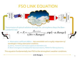 DRIVER
CIRCUI
T
SIGNAL
PROCESSING
PHOTO
DETECTOR
Link Range L
FSO LINK EQUATION
 Cloud
 Rain
 Smoke
 Gases
 Temperature variations
 Fog and aerosol
Transmission of optical radiation through the atmosphere obeys the Beer-
Lamberts’s law:
α : Attenuation coefficient dB/km – Not controllable and is roughly independent of
wavelength in heavy attenuation conditions.
d1 and d2:Transmit and receive aperture diameters (m)
D: Beam divergence (mrad)(1/e for Gaussian beams; FWHA for flat top beams),
This equation fundamentally ties FSO to the atmospheric weather conditions
 Range
RangeDiv
A
PP
receiver
tr .exp.
)( 2



11
 