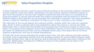 A Value Proposition Canvas is used to ensure that the product or service being created is centered
around customer wants and needs. Specifically, this tool outlines what the customer expects to
gain from the product or service, their negative experiences they will have as a consequence of
using the product or service and the tasks they hope to accomplish with the product or service.
Features listed in each segment can be arranged from desirable to essential. The value proposition
canvas is useful for refining an innovation to make sure it is well- received on the market.
The right part of the canvas depicts the customer profile. Located within the circle are customer
jobs, which is where customer tasks and expectations about the product or service are listed.
Additionally, this is where both the benefits and consequences of using the product or service are
listed. The purpose of this segment of the Value Proposition Canvas is not to read consumer minds,
but rather to understand why they want to complete certain jobs, think about how to minimize
negative experiences, and how to exceed expectations.
The left side of the canvas describes the product itself. Here, the pain relievers and gain creators
are listed, which respectively describe how the proposed product or service fulfills customer needs
and helps facilitate their ‘jobs to be done’,as well as describe the added value that is offered to the
customer. Additionally, the features of different versions of the product can be listed in this
segment of the canvas.
Want more tools and templates? Visit https://upboard.io/
Value Proposition Template
 