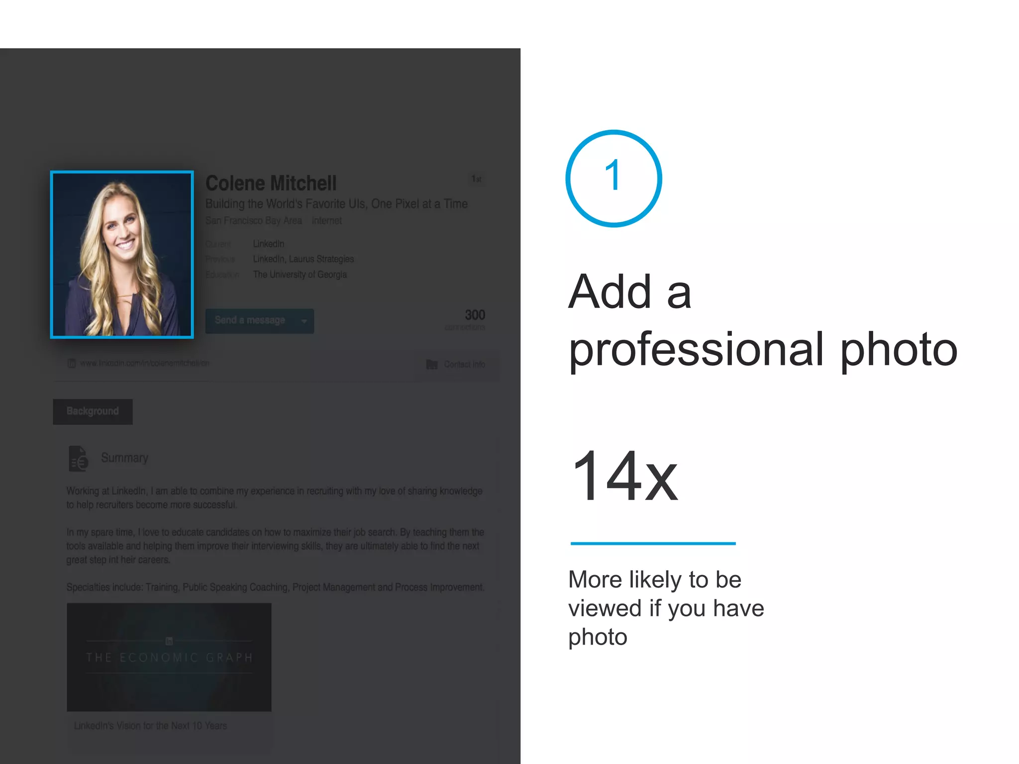 Add a
professional photo
1
More likely to be
viewed if you have
photo
14x
 