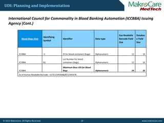 UDI: Planning and Implementation
I t ti l C il f C lit i Bl d B ki A t ti (ICCBBA) I iInternational Council for Commonality in Blood Banking Automation (ICCBBA) Issuing 
Agency (Cont.)
Eye Readable Databas
Blood Bags Only
Identifying 
Symbol
Identifier Data type
Eye Readable 
Barcode Field 
Size
Databas
e Field 
Size
ICCBBA  =) DI for blood containers (bags) Alphanumeric 12 10
ICCBBA  &)
Lot Number for blood 
containers (bags) Alphanumeric 12 10
ICCBBA
Maximum Base UDI for Blood 
Bags Alphanumeric 24 20ICCBBA  Bags Alphanumeric 24 20
Ex of Human Readable Barcode: =)1TE123456A&)RZ12345678
19© 2015 MakroCare. All Rights Reserved. www.makrocare.com
 