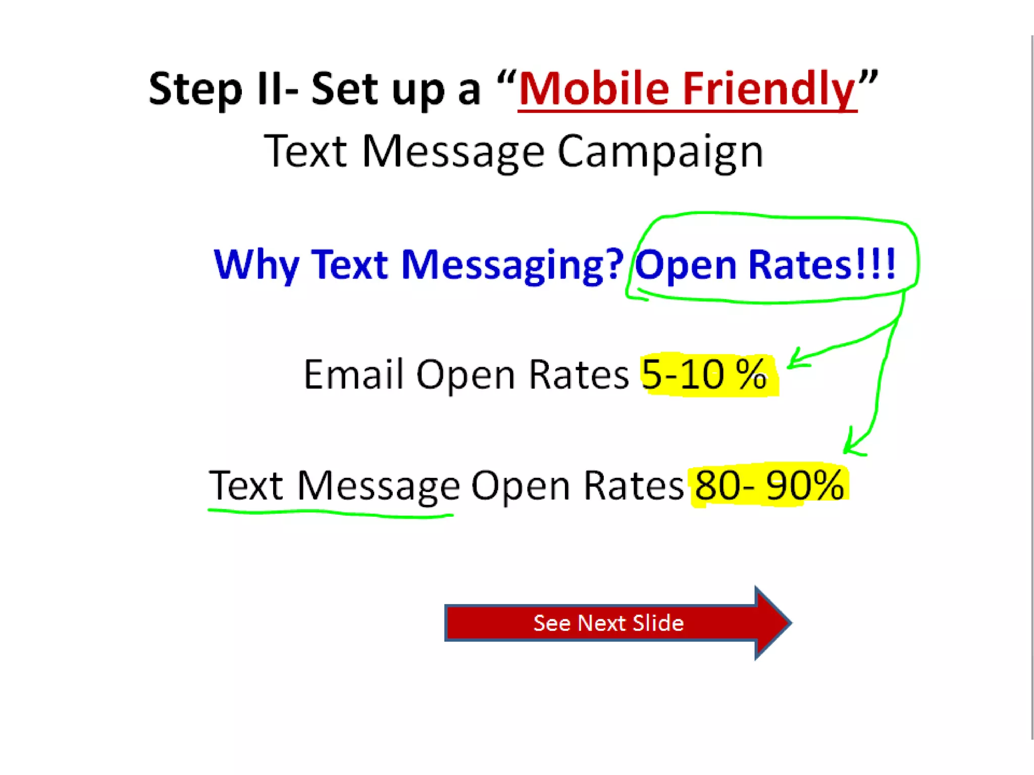 Step II- Set up a “Mobile Friendly” 
Text Message Campaign 
Why Text Messaging? Open Rates!!! 
Email Open Rates 5-10 % 
Text Message Open Rates 80- 90% 
See Next Slide 
 