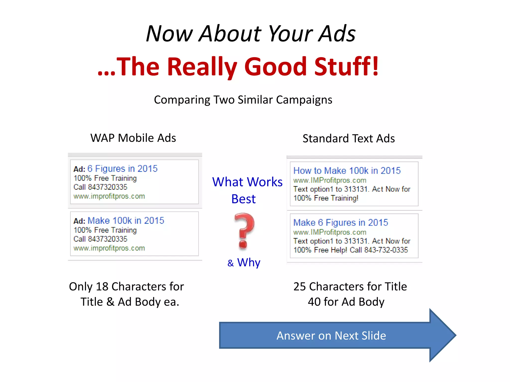 Now About Your Ads 
…The Really Good Stuff! 
Comparing Two Similar Campaigns 
WAP Mobile Ads Standard Text Ads 
Only 18 Characters for 
Title & Ad Body ea. 
25 Characters for Title 
40 for Ad Body 
What Works 
Best 
& Why 
Answer on Next Slide 
 