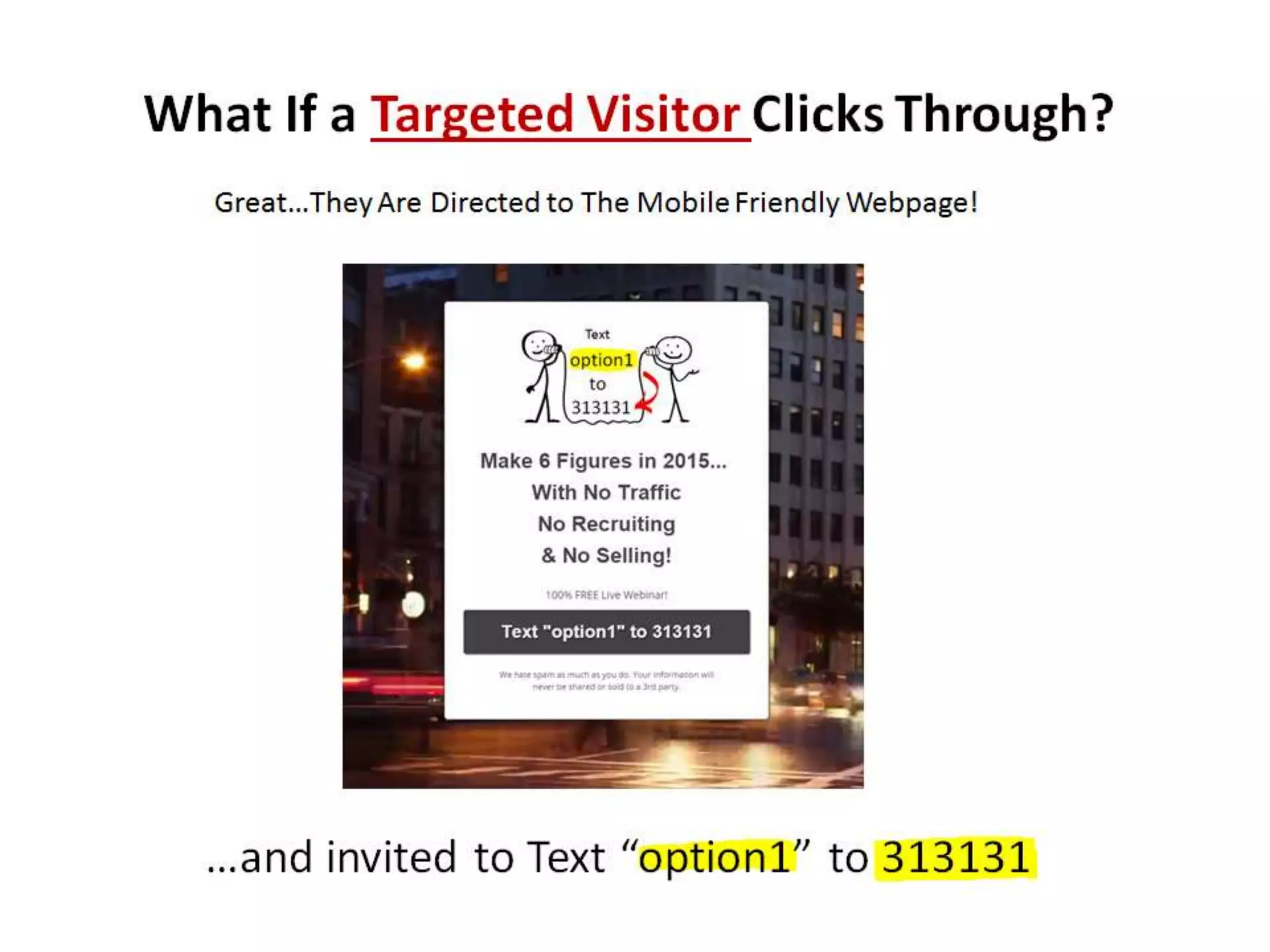 What If a Targeted Visitor Clicks Through? 
Great…They Are Directed to The Mobile Friendly Webpage! 
…and invited to Text “option1” to 313131 
 