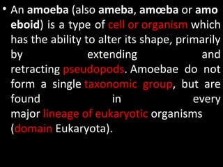 • An amoeba (also ameba, amœba or amo
eboid) is a type of cell or organism which
has the ability to alter its shape, primarily
by extending and
retracting pseudopods. Amoebae do not
form a single taxonomic group, but are
found in every
major lineage of eukaryotic organisms
(domain Eukaryota).
 