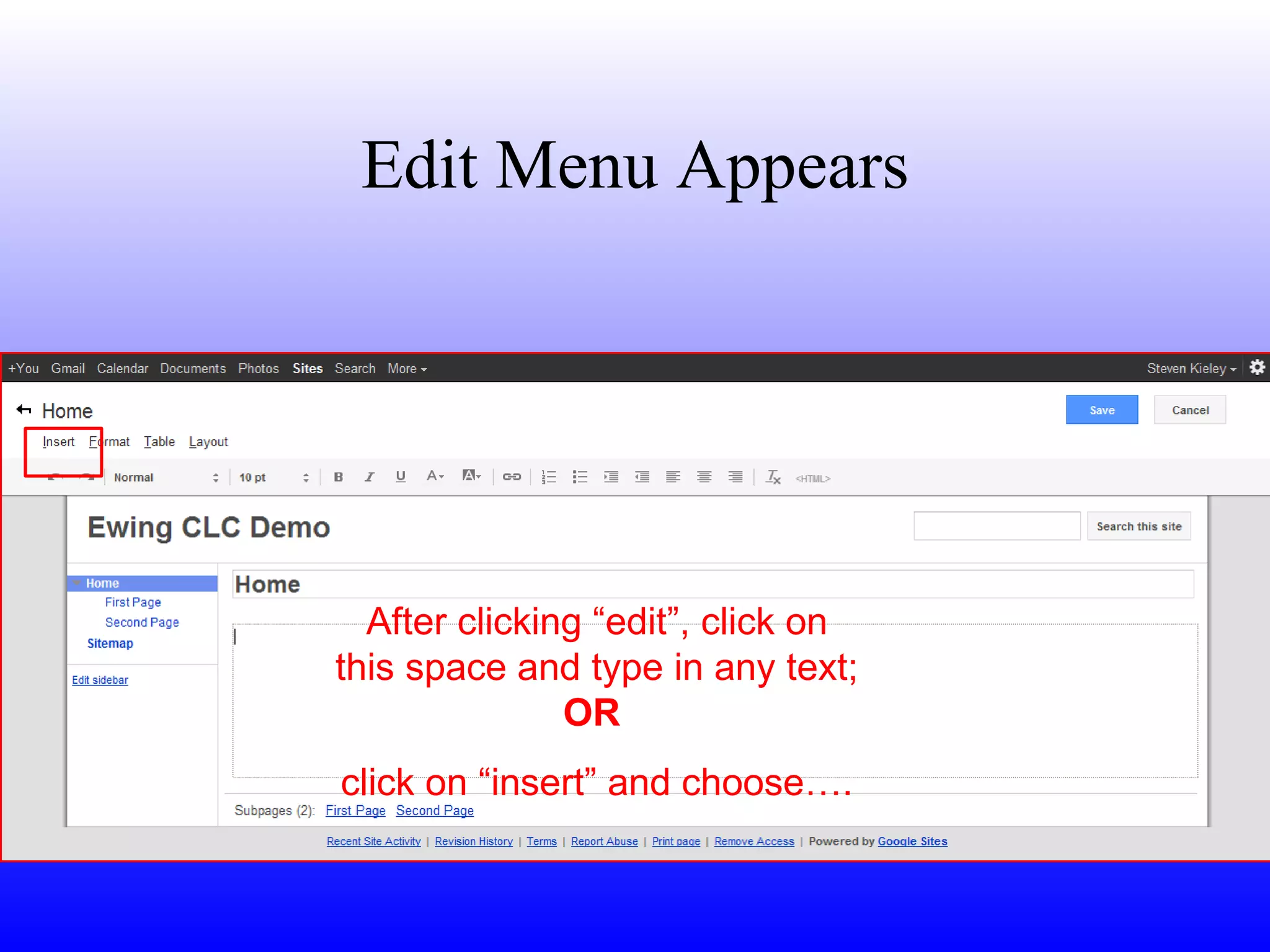 Edit Menu Appears After clicking “edit”, click on this space and type in any text;  OR   click on “insert” and choose…. 