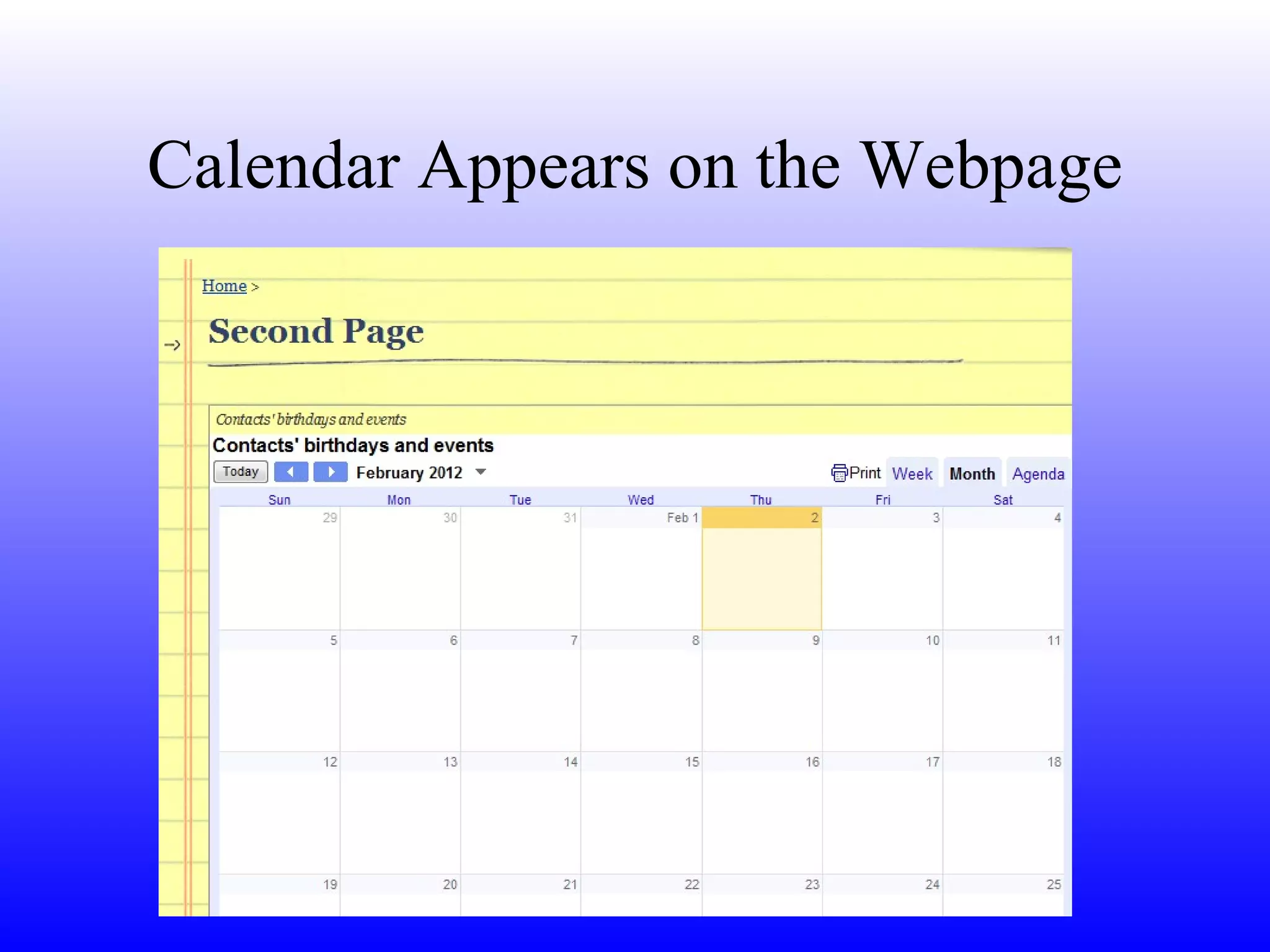 Calendar Appears on the Webpage 