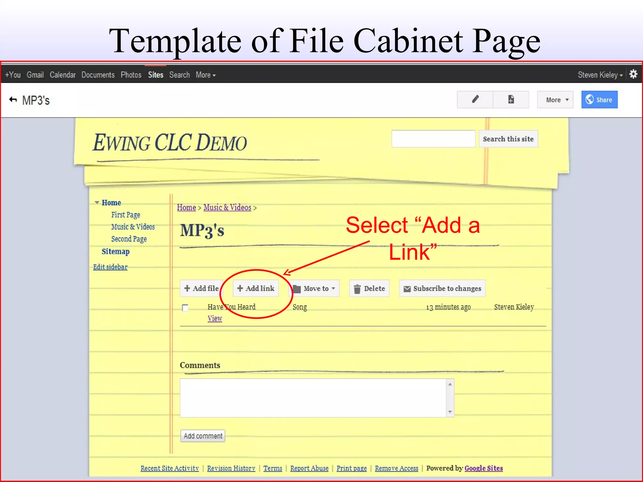 Template of File Cabinet Page Select “Add a Link” 