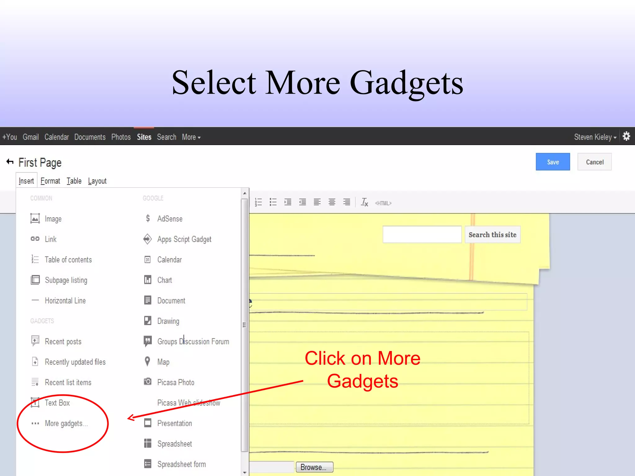 Select More Gadgets Click on More Gadgets 